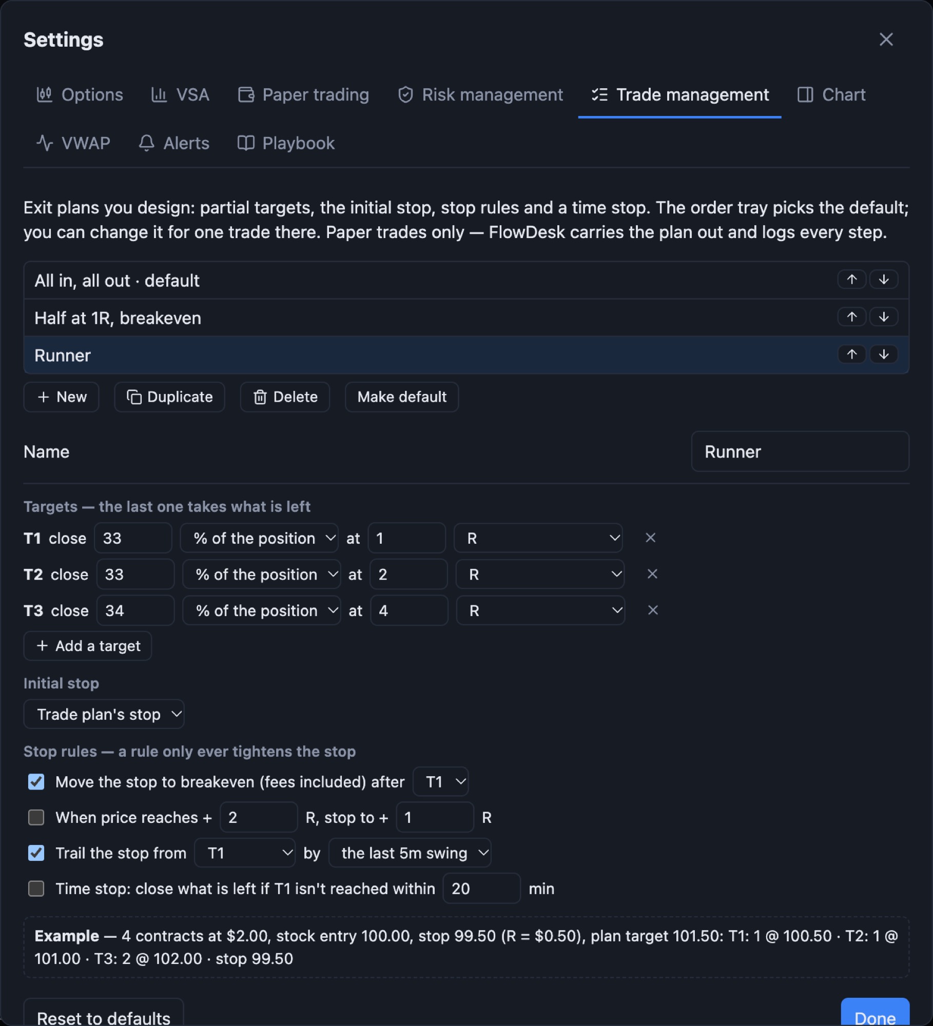 Trade management settings with the Runner exit plan: three targets, a breakeven rule and a swing trail