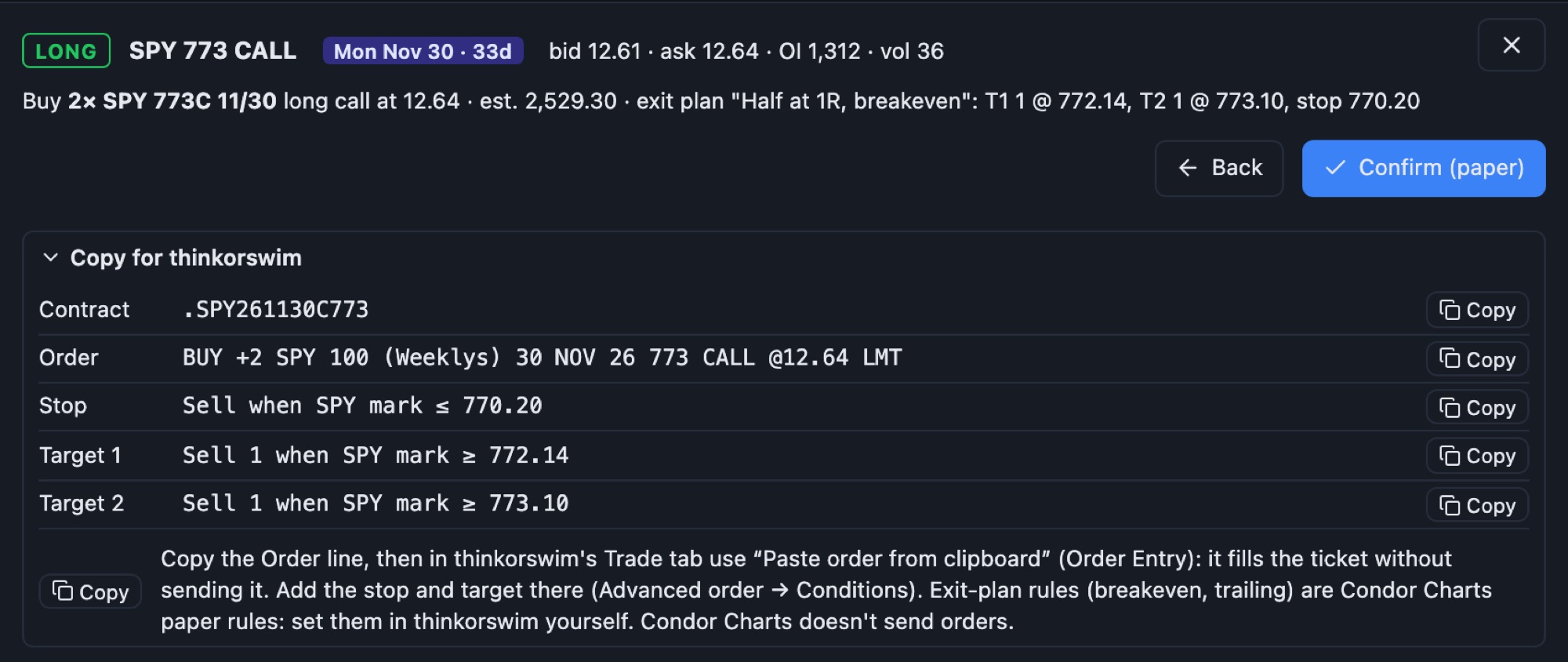The order review with the Copy for thinkorswim card: contract, order line, stop and two targets